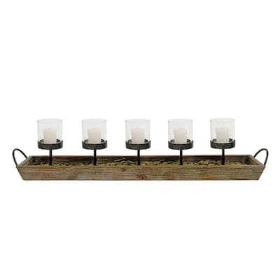 5 Metal Votive Candleholders in Rectangle Wood Tray with Handles