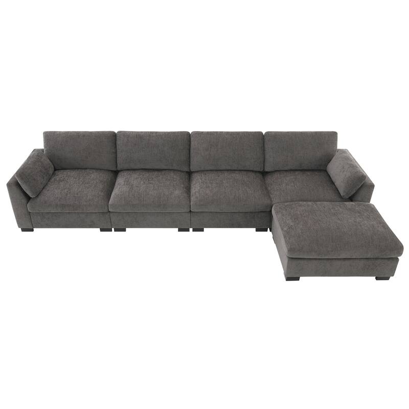 L-Shape Sectional Sofa with Folding Table, Dual-Port Charging, Side Pockets, 2 Pillows, Movable Ottoman, Chenille Modular Sofa