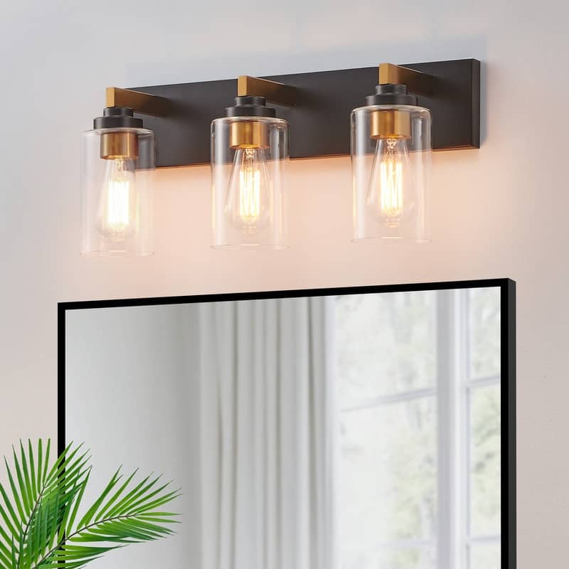 KAWOTI 3-Light Bathroom Vanity Light with Clear Glass Shade - Gold & Black