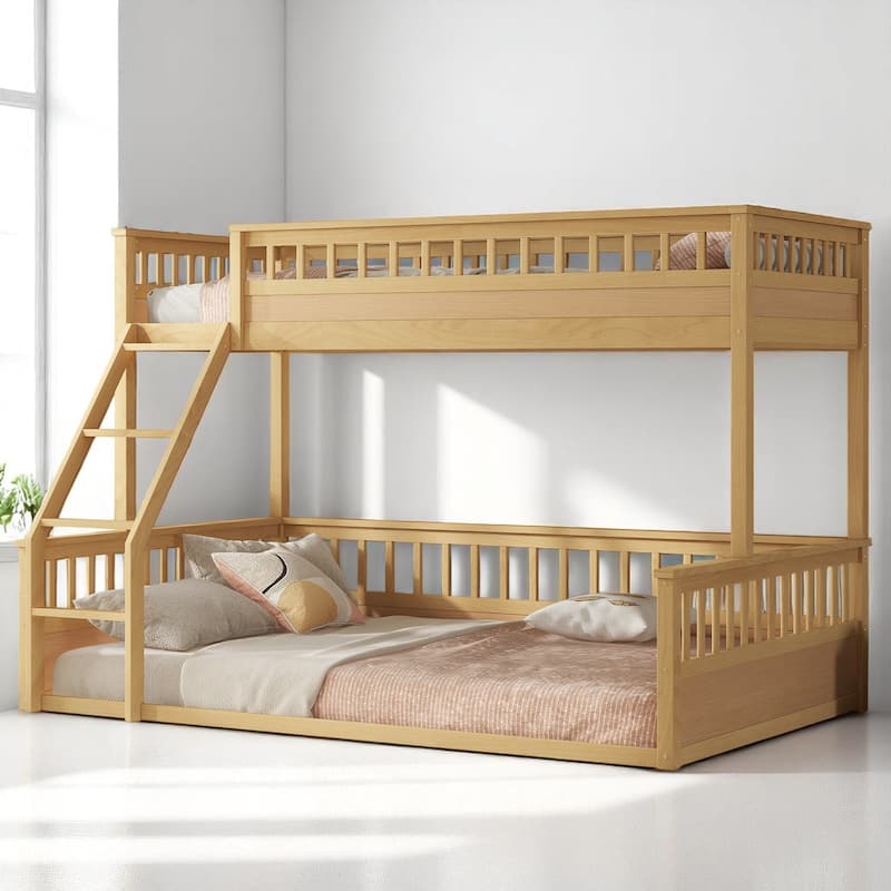 Convertible Twin XL Over Queen Size Bunk Bed with Safety Rails, Ladder and Wood Slats, No Box Spring Needed