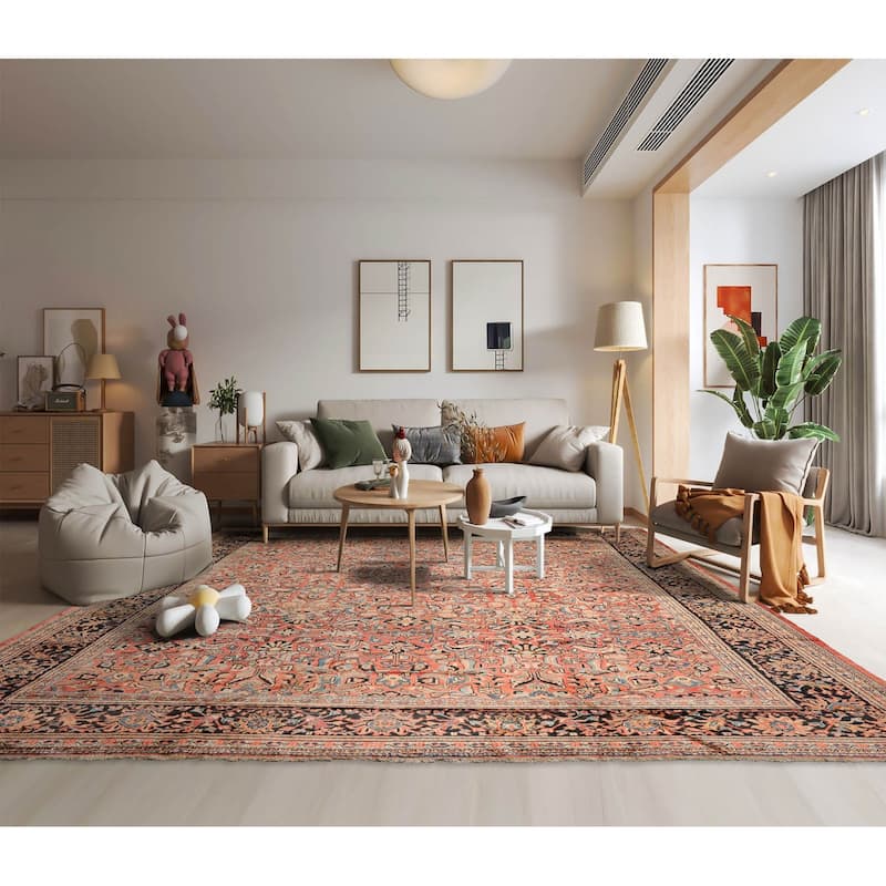 Hand Knotted Mahal Salmon, Black Wool Traditional Oriental Area Rug - 10' 6'' x 13' 3''