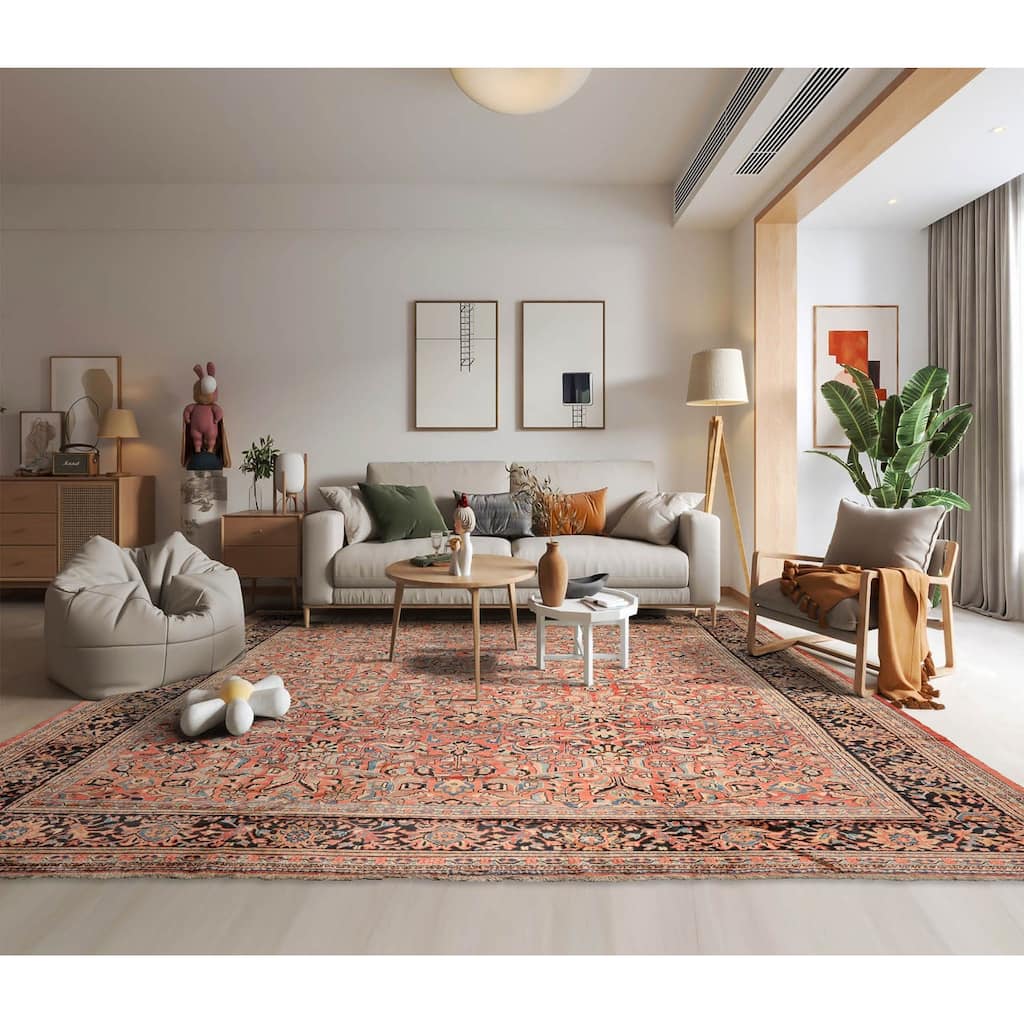 Hand Knotted Mahal Salmon, Black Wool Traditional Oriental Area Rug - 10' 6'' x 13' 3''