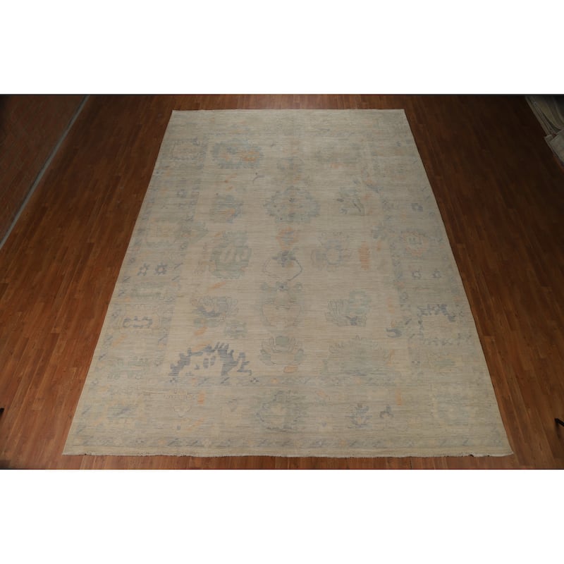Hand Knotted Oriental 100% Wool Carpet Transitional All-Over Beige & Ivories Oushak Area Rug - 13' 9'' X 10' 0''