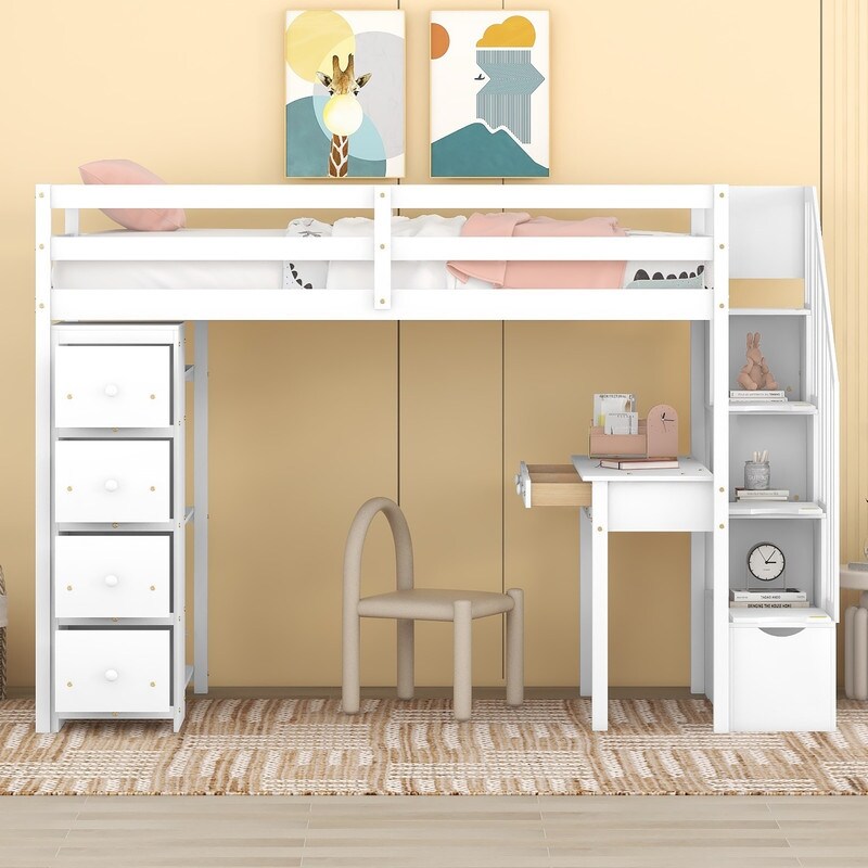 Twin Size Loft Bed with Hidden Storage Drawers Desk and Stairs Wooden Loft Bed with Shelves for Bedroom White Bed Bath Beyond 38304592
