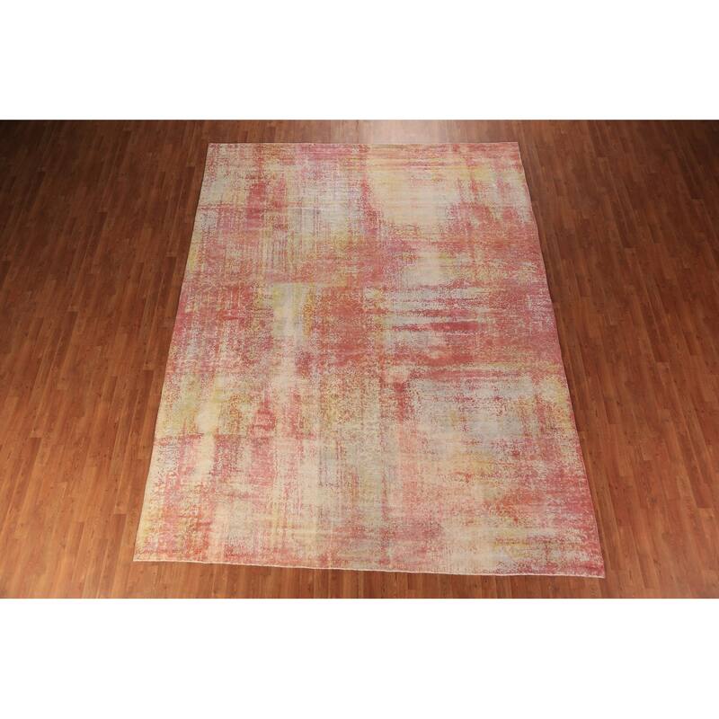 Contemporary Abstract Indian Area Rug Hand-Knotted Orange Wool Carpet - 9'0"x 11'8"