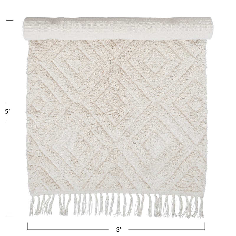 Cotton Tufted Rug with Diamond Pattern and Fringe - 65" L x 36" W x 0" H
