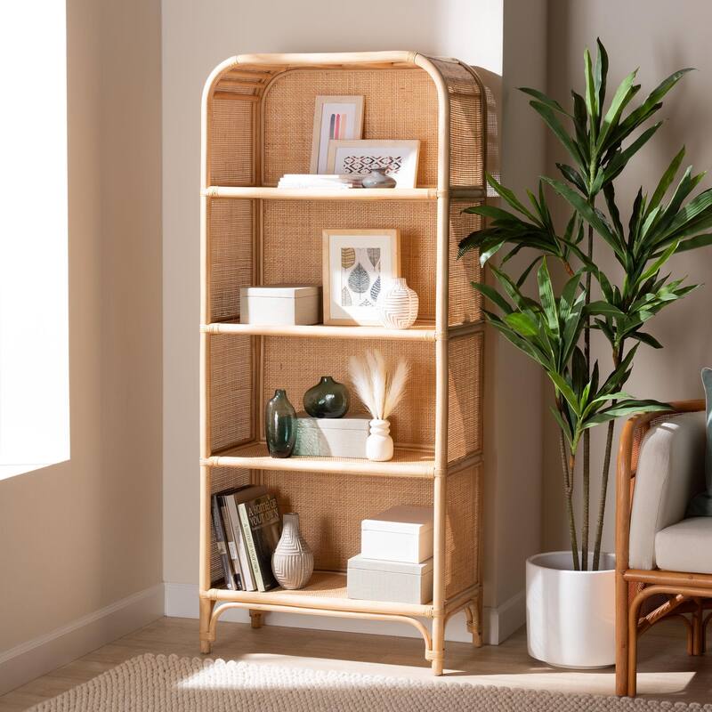 Chusi Natural Rattan Decorative Shelf - Handwoven Cane Display Unit with Arched Top, Boho Coastal Storage Rack for Living Room