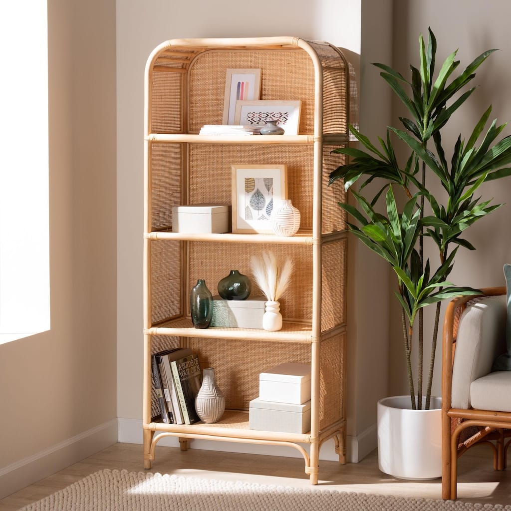 Chusi Natural Rattan Decorative Shelf - Handwoven Cane Display Unit with Arched Top, Boho Coastal Storage Rack for Living Room