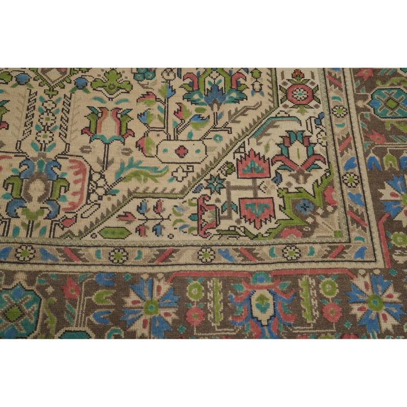 Hand Knotted Oriental 100% Wool Carpet Traditional Floral Beige & Ivories Tabriz Area Rug - 9' 4'' X 6' 8''