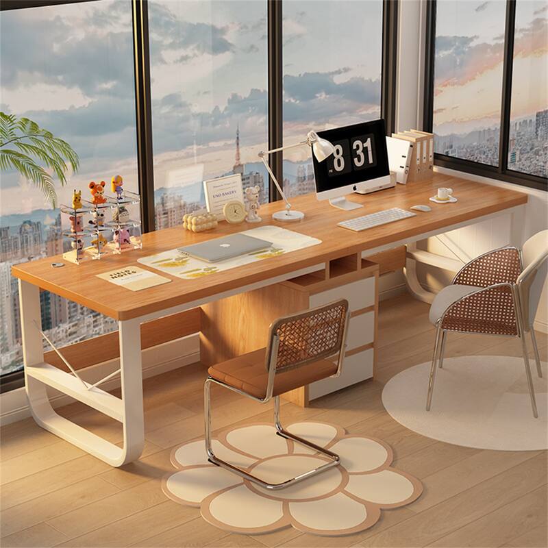 Minimalist Long Two-Person Computer Desk with Storage Drawers