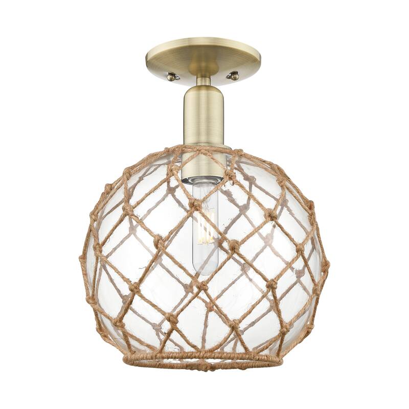 Innovations Lighting Endless Possibilities Arcadia - Farmhouse Rope - 1 Light 10" Semi-Flush Mount - Antique Brass/Clear Glass with Brown Rope