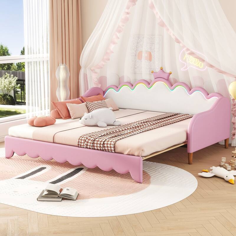 Twin Extending Daybed with LED Lights, Modern Upholstered Princess Daybed With Crown Headboard