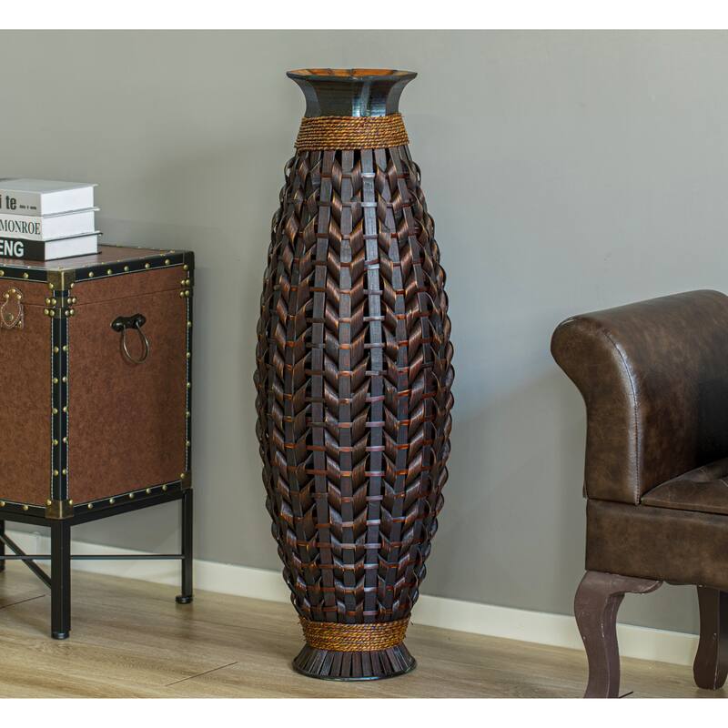 Tall Bamboo Floor Standing Vase with Wicker Woven Design 39 Inch High