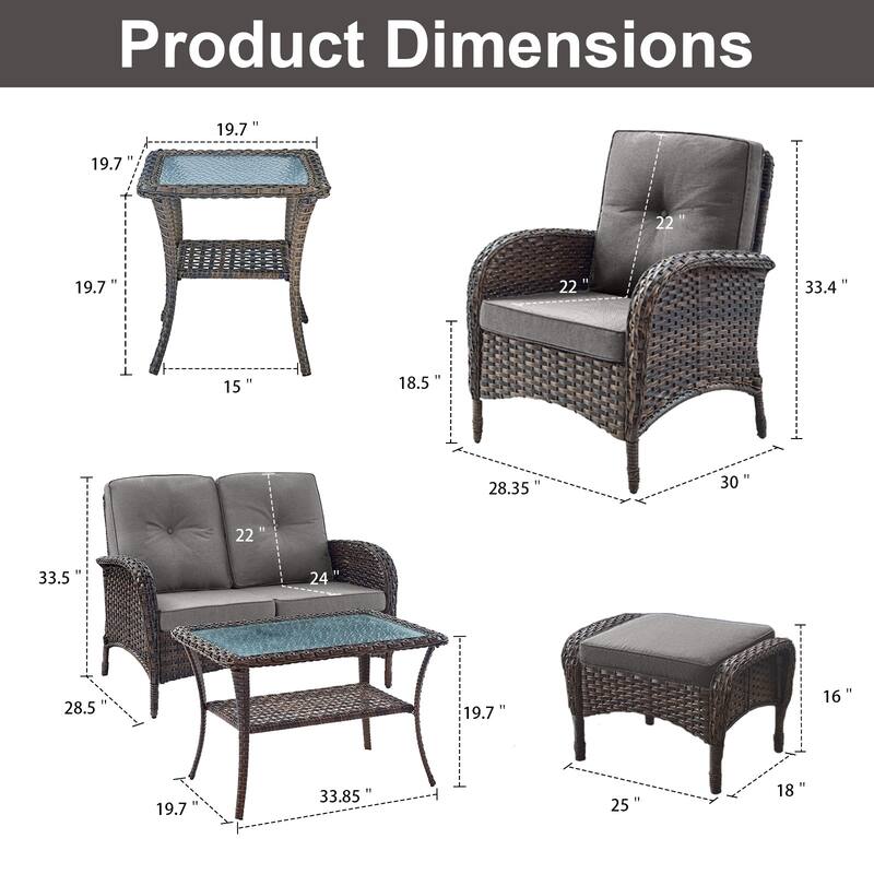Rattan Sofa Coffee Table and Chair Ottoman for Backyard - Brown - Beige - Brown