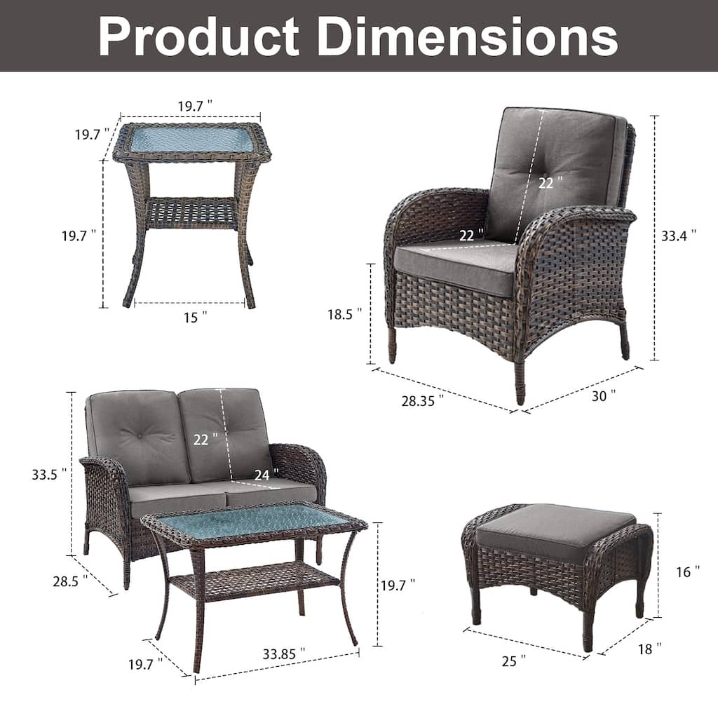 Rattan Sofa Coffee Table and Chair Ottoman for Backyard - Brown