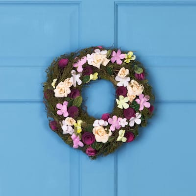 Purple Green Floral, Berries Twig Artificial Spring Floral Wreath, 14"