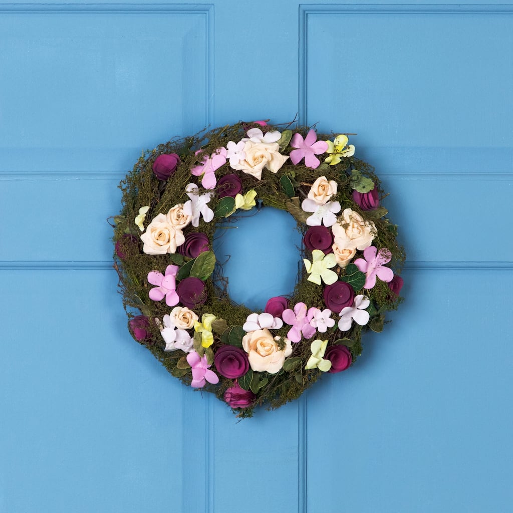 Purple Green Floral, Berries Twig Artificial Spring Floral Wreath, 14"