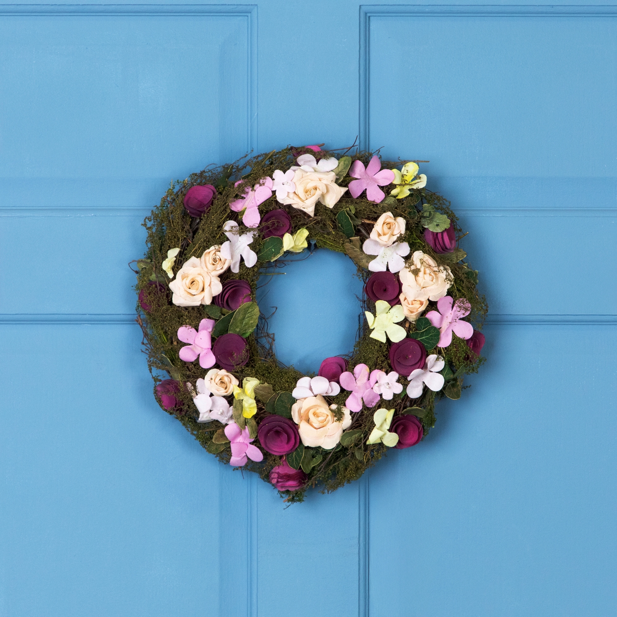 Purple Green Floral, Berries Twig Artificial Spring Floral Wreath, 14"