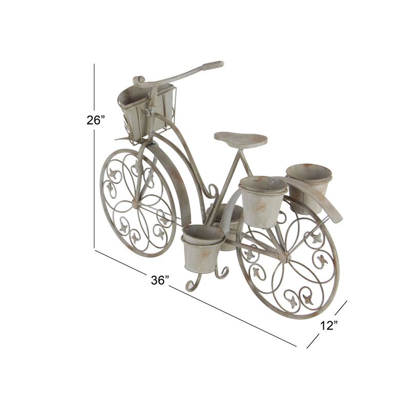 Gray Metal Distressed Indoor Outdoor Scroll 3 Tier Bike Indoor Outdoor Plantstand with Fleur De Lis Wheels