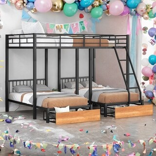 Multi-functional Design Metal Triple Bunk Bed with Drawers and Guardrails/Full Over Twin & Twin Bunk Bed