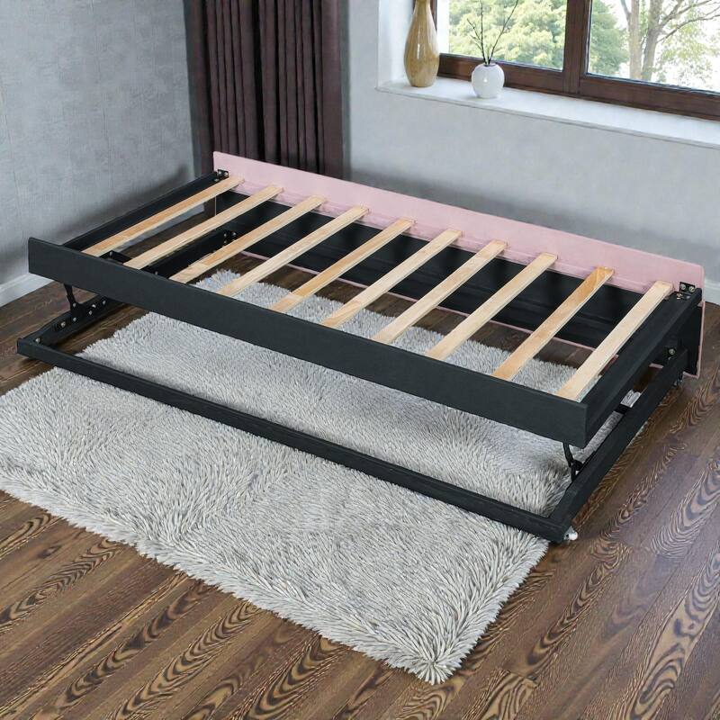 Twin Size Velvet Upholstered Daybed with Pop Up Trundle, 2-in-1 Sofa Bed for Guest Room or Kids Room