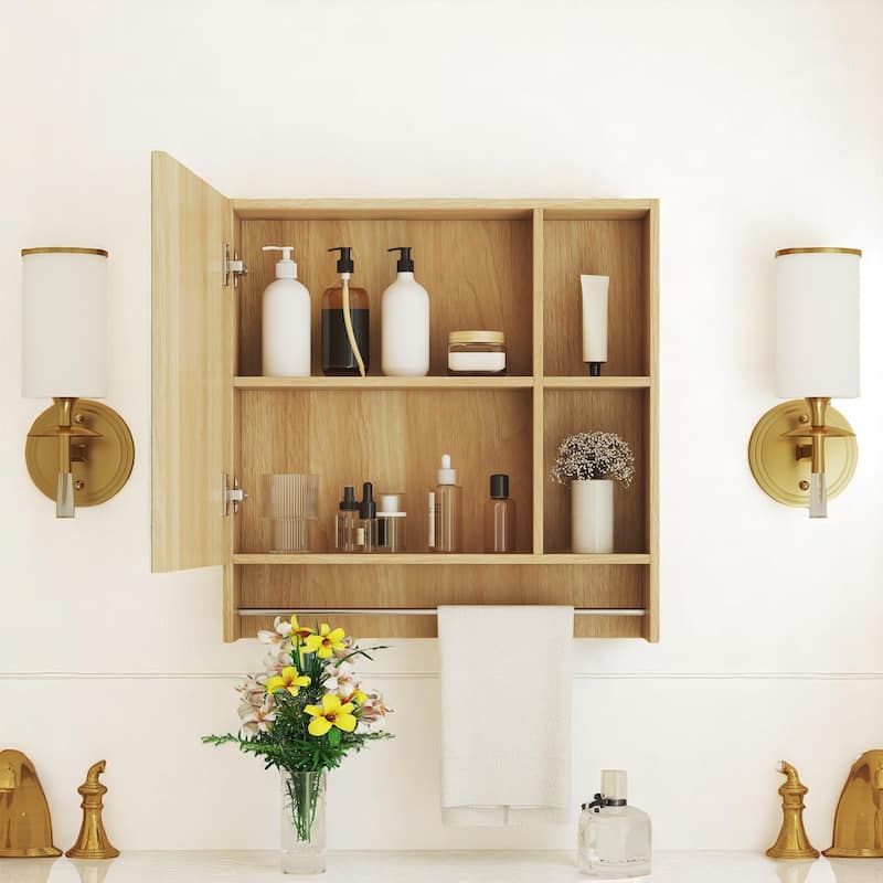Bathroom Wall Cabinet with Mirror, Hidden & Open Storage, Towel Rack, Space-Saving Medicine Cabinet