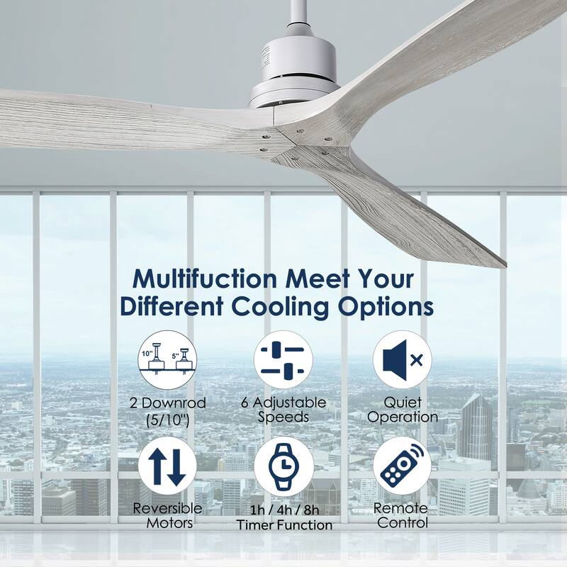52''/60" Large Ceiling Fan without Lights, Remote Control and Reversible Motor Included, 3 Wood Blades - Silver with Grey Wood Blades - 52 Inch