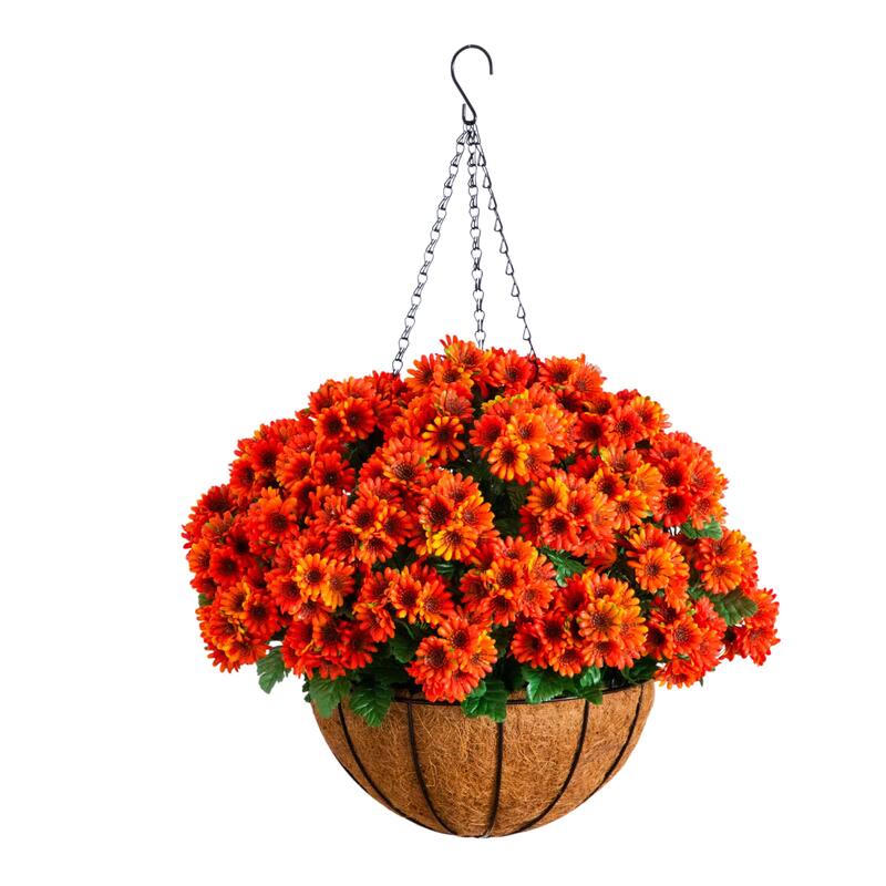 24-in UV Resistant Artificial Chrysanthemum Hanging Basket - Green