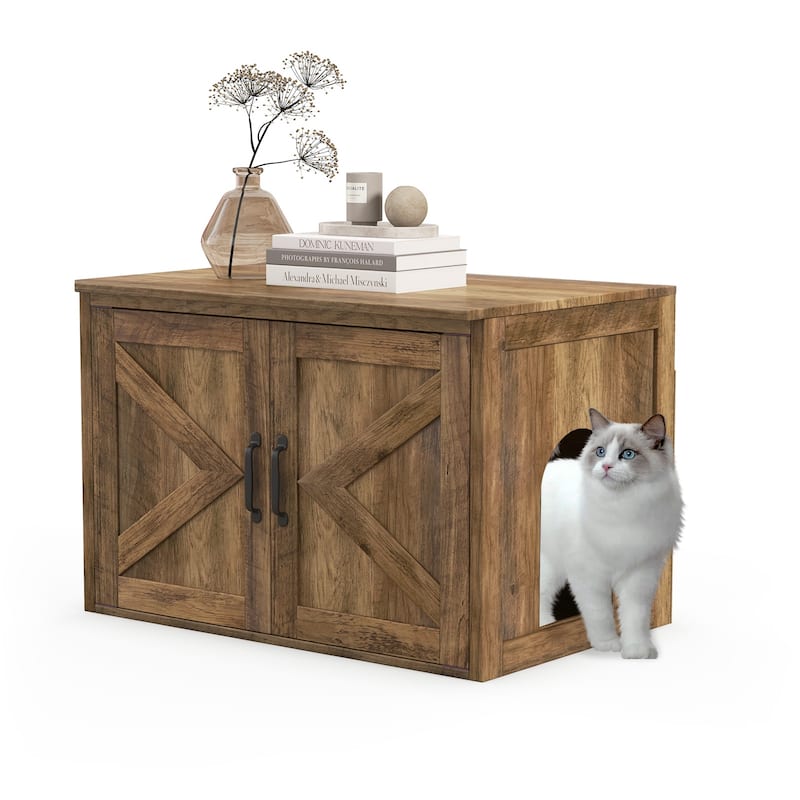 Flip Top Hidden Cat Washroom Furniture with Double Barn Doors Removable Divider and Middle Entry - 31.5"L x 21.5"W x 21"H