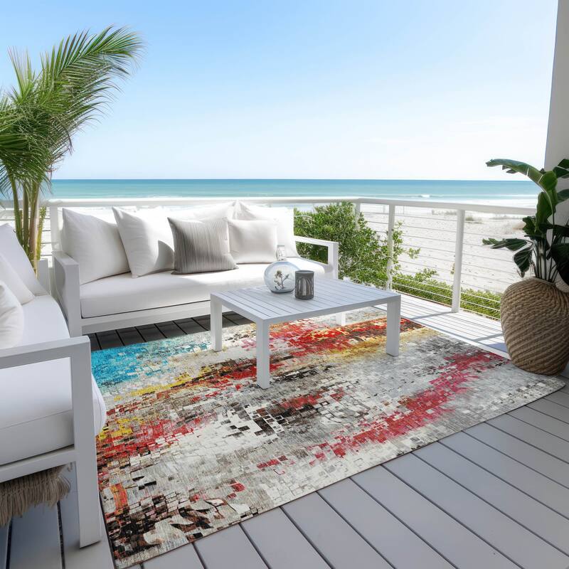 Machine Washable Indoor/ Outdoor Abstract Pixels Chantille Rug
