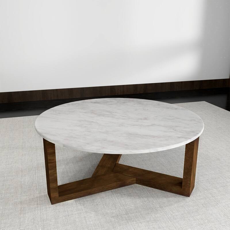 Fina Table, Round White Genuine Marble Top, Natural Brown Mango Wood 3 Leg Sled Base