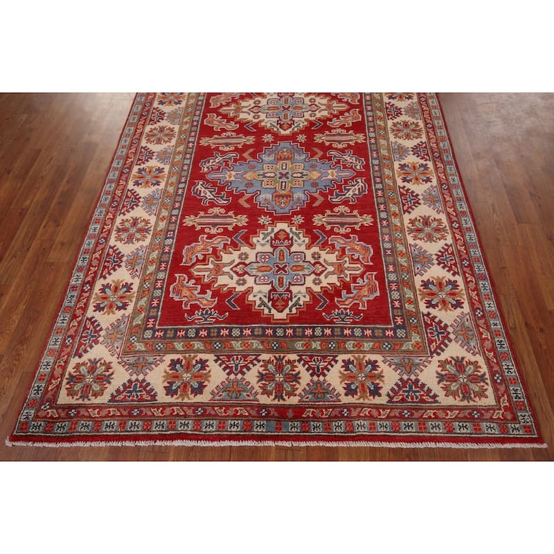 Red Geometric Kazak Area Rug Hand-Knotted Traditional Wool Carpet - 4'10" x 6'9"