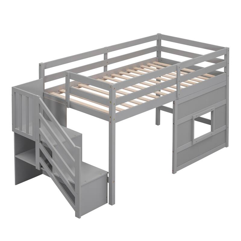 Twin Size Low Loft Bed with Storage Staircase and Window, Wooden Loft Bed Frame with Full Length Guardrail and Slat Support