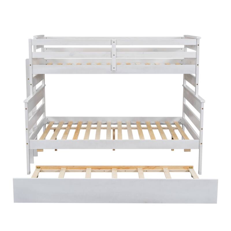 Roomfitters Twin Over Full Wood Bunk Bed with Pull-Out Twin Trundle, Convertible Design with Safety Guardrails