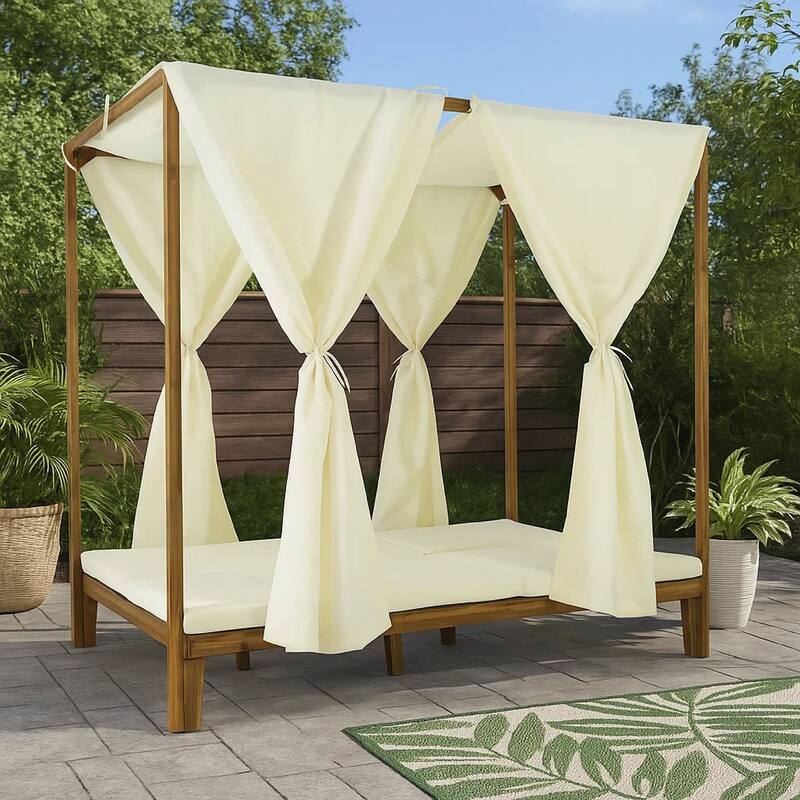Yavi Outdoor Daybed, Brown Wood, Cream Waterproof Fabric, 79 Inch