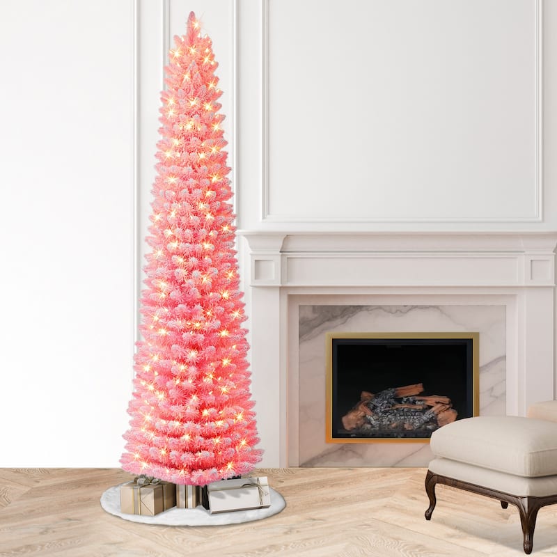 Puleo International 7.5 ft. Pre-lit Flocked Fashion Pink Pencil Artificial Christmas Tree - 7.5 Foot