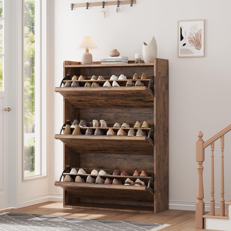 Drawer Wooden Shoe Cabinet with Adjustable Shelves - Retro - 3 Drawer