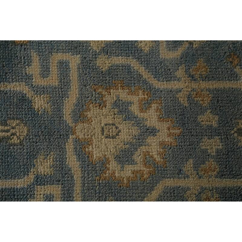 Blue Geometric Oushak Indian Runner Rug Hand-Knotted Wool Carpet - 2'7"x 7'9"