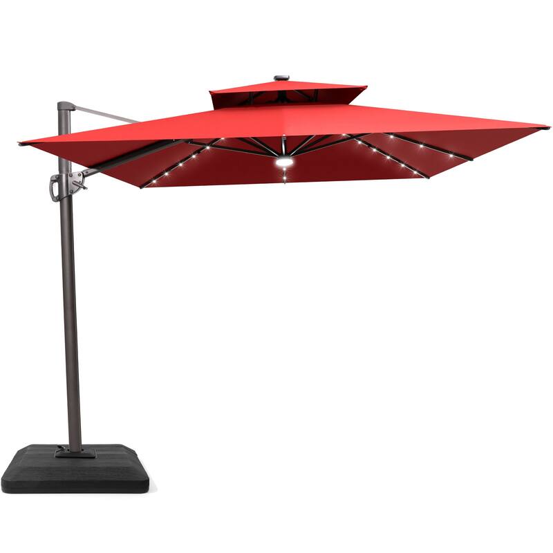 9 x11 FT Cantilever Patio Umbrella with Weighted Base, Double Canopy & LED Lights - Red with Base