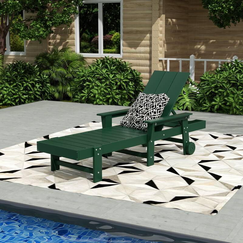 Shoreside Modern Poly Reclining Eco-Friendly All Weather Chaise Lounge With Arms & Wheels