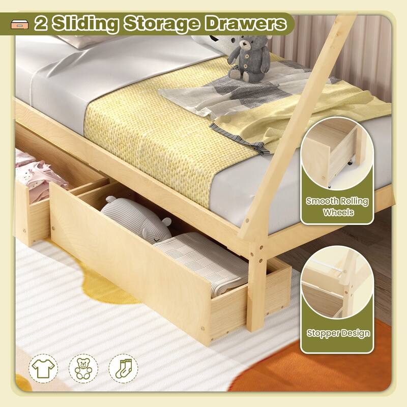 Kids Twin Size Wooden House-Shaped Platform Bed with Storage Drawers for Boys and Girls