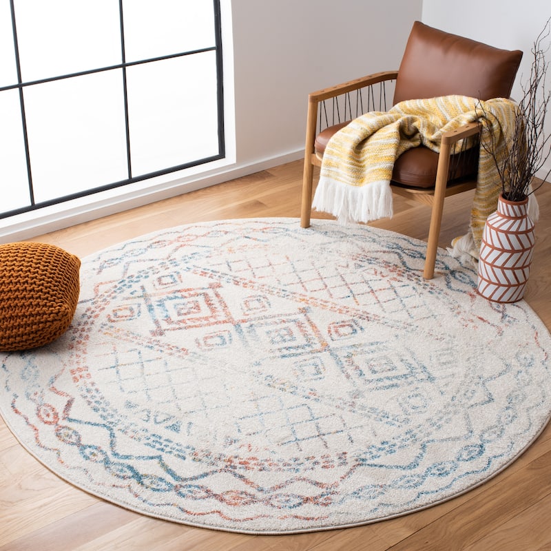 SAFAVIEH Tulum Hinnertje Rustic Moroccan Boho Tribal Distressed Rug - 3' Round - Ivory/Turquoise