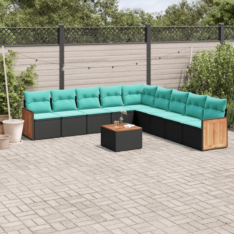 vidaXL 9 Piece Patio Sofa Set with Cushions Black Poly Rattan - 21.7x27.2x24.4-With table