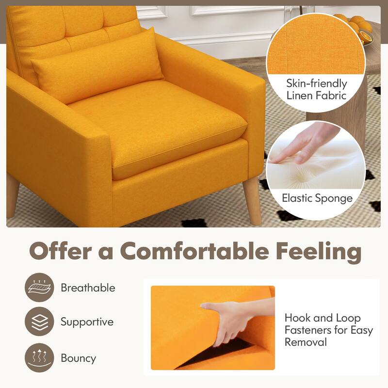 Gymax Mid-century Modern Accent Chair Linen Fabric Reading Armchair w/