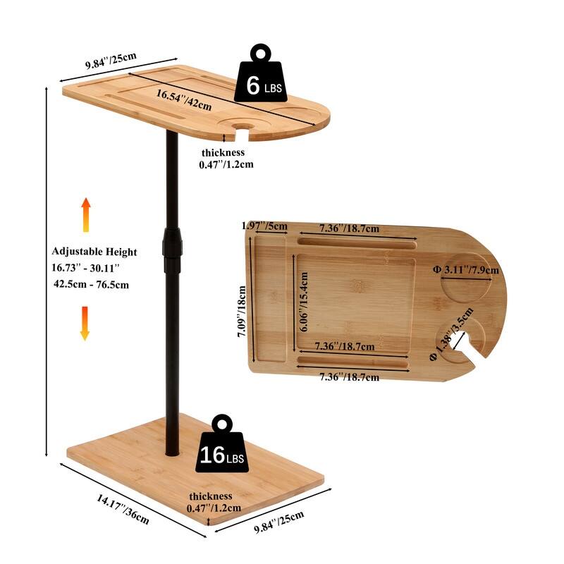 Adjustable Bamboo Sofa Tray Table with Rotating Stand & Storage