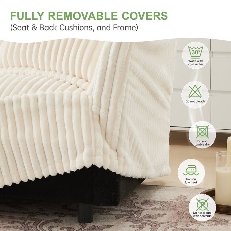 GDFStudio - Slipcovered 2-Seater 83.4" L-Shaped Corduroy Sectional Loveseat Sofa with Ottoman