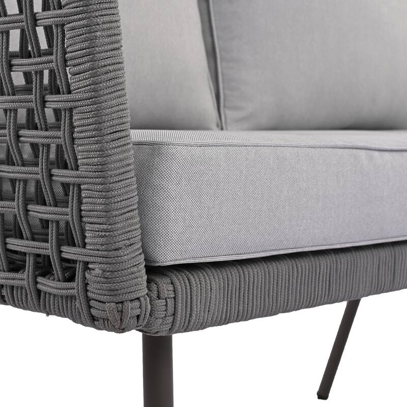 6-Piece Rope Patio Furniture L-Shaped Set, Outdoor Sectional Sofa Set with Acacia Wood Table with Ice Box
