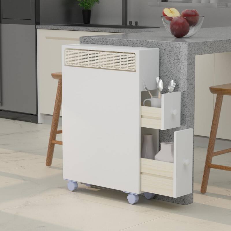 Freestanding Wooden Storage Cabinet with Storage Basket for Narrow Bathroom
