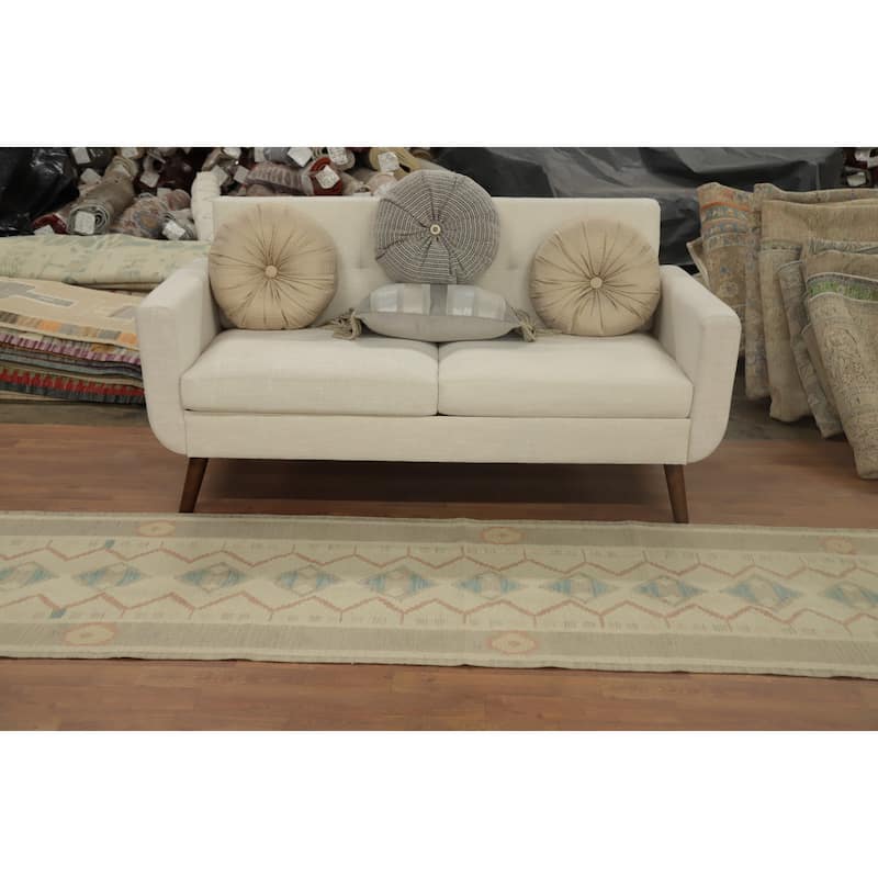 Hand Woven Oriental 100% Wool Carpet Southwestern Tribal Beige & Ivories Kilim Runner Rug - 9' 5'' X 2' 8''