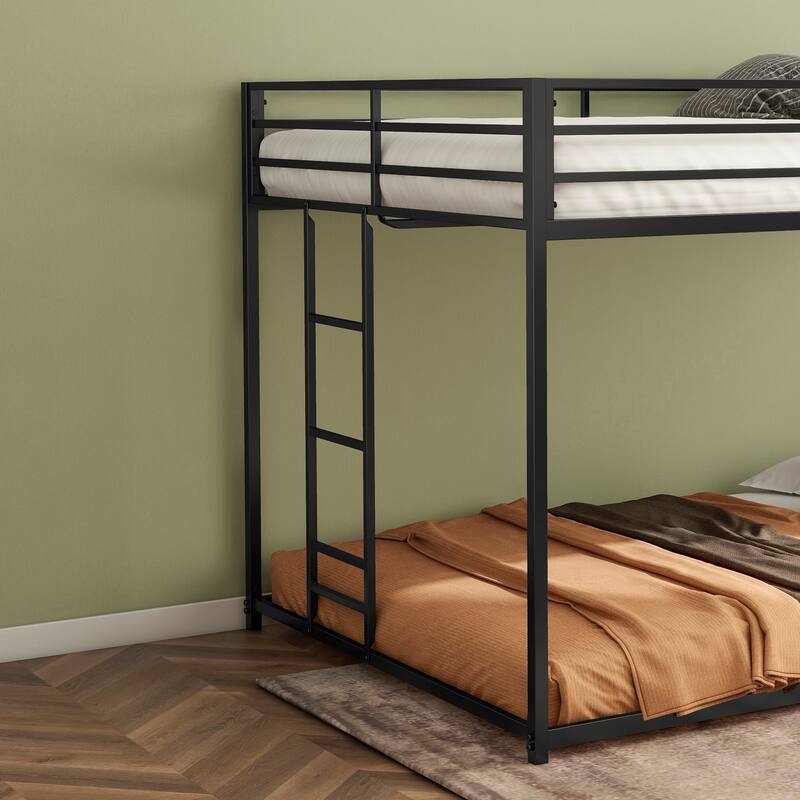 Full Over Full Metal Bunk Bed with Reversible Ladder and Guardrails, Low Profile Design